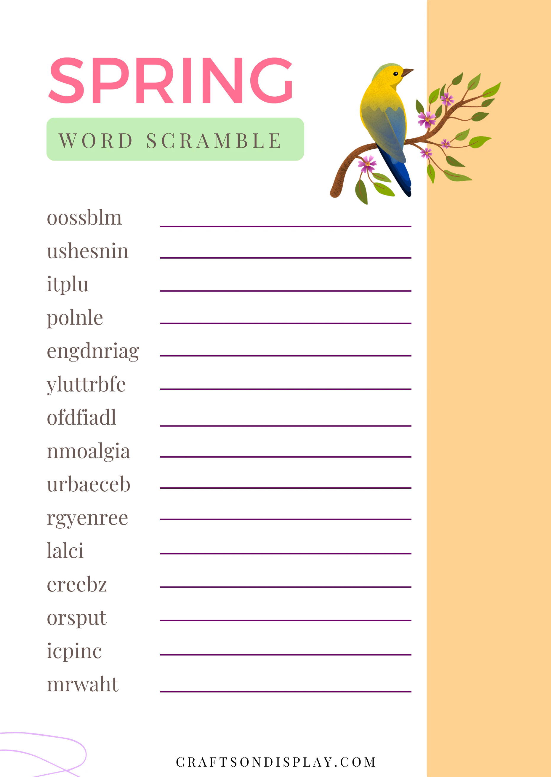Third grade students practice seasonal vocabulary with this spring word scramble worksheet 25