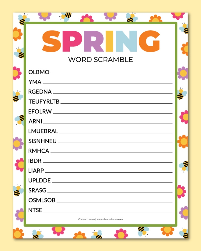 Third grade student unscrambling 11 spring themed vocabulary words on a worksheet