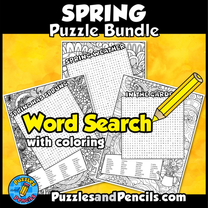 Spring-themed word search puzzle featuring 18 seasonal nouns, adjectives, and verbs for kids. Engaging Spring Has Sprung! Word Search Puzzle worksheet for third graders.