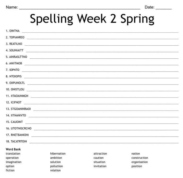 Spring Word Scramble worksheet featuring 11 spring-themed words for third graders to decode