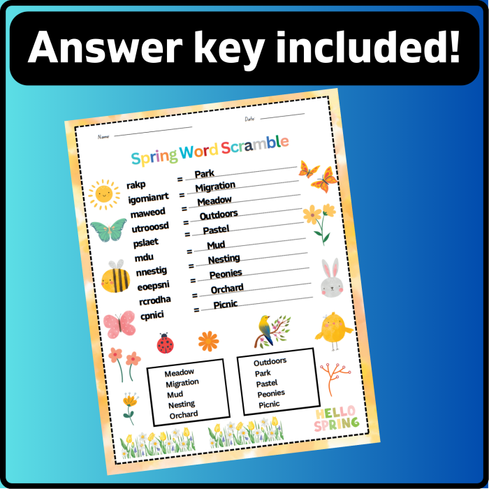 Colorful Spring Word Scramble worksheet for third graders to enhance their spelling skills. Engaging activity to unscramble spring-themed words and boost logic.