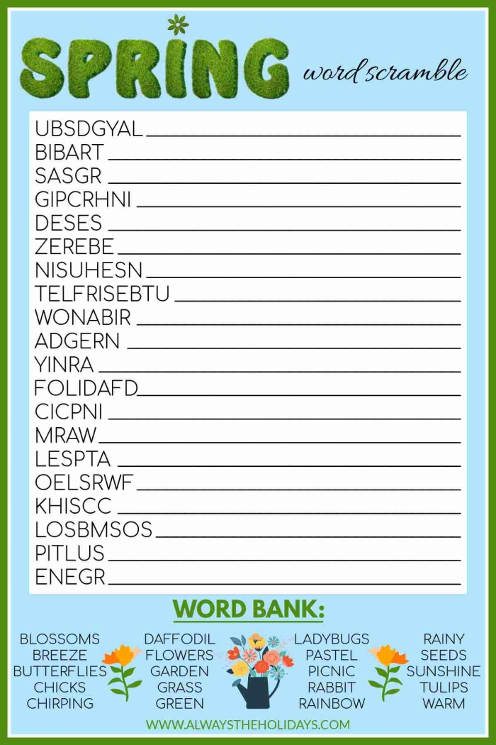Spring Word Scramble worksheet featuring 11 scrambled words for third graders to decode