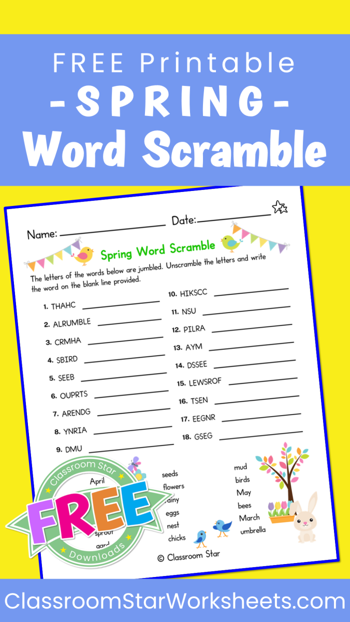 Spring Word Scramble worksheet for third graders featuring 11 scrambled spring-related words. Engaging spelling activity designed to enhance vocabulary and logic skills in young learners.