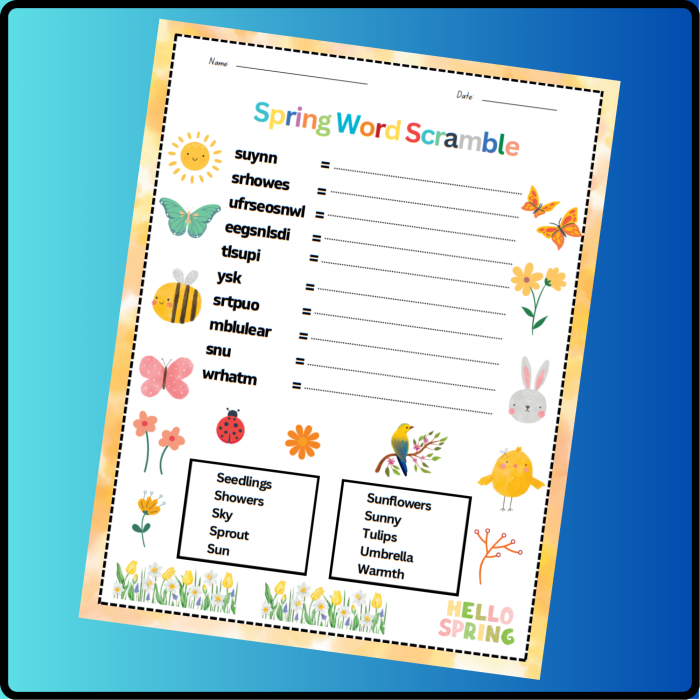 Third grade student solving a spring themed word scramble puzzle on a printable worksheet