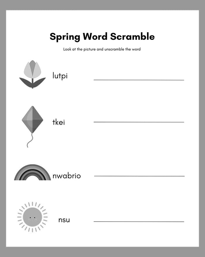 Colorful Spring Word Scramble worksheet for third graders to enhance their spelling skills. Fun and engaging activity to help students unscramble 11 spring-themed words.
