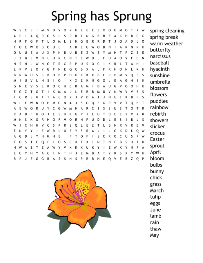 Colorful worksheet featuring a spring-themed word search puzzle for third graders