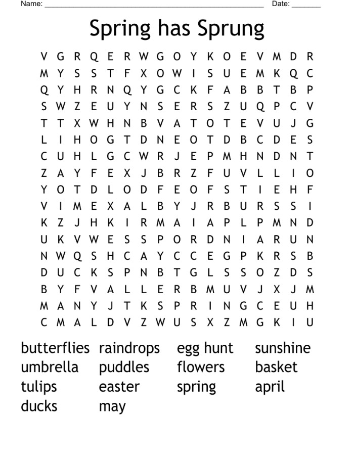 Spring-themed word search puzzle worksheet for third graders featuring 18 nouns, adjectives, and verbs. Engaging Spring Has Sprung! word search activity for Earth and Space Science.