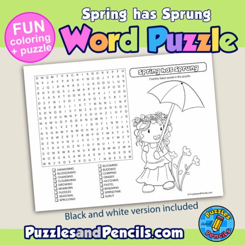 Spring-themed word search puzzle for kids featuring 18 nouns, adjectives, and verbs