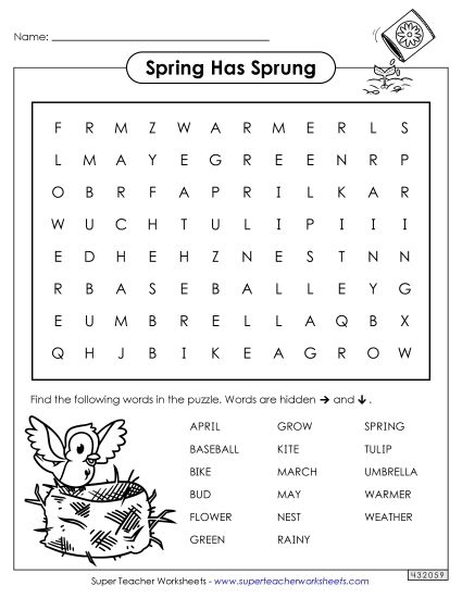 Spring-themed word search puzzle worksheet featuring 18 spring-related words for third graders