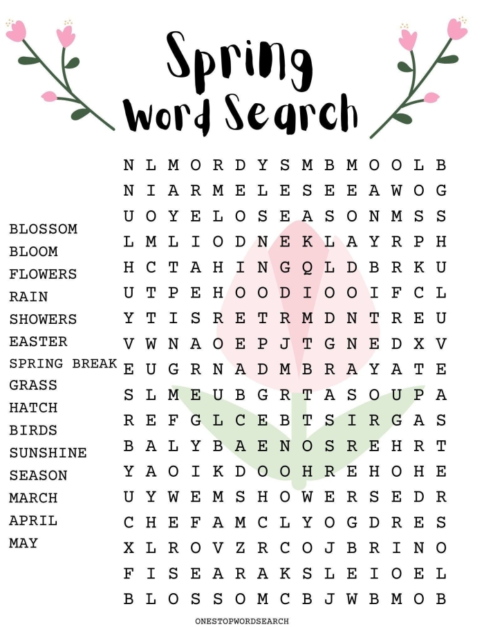 Spring-themed word search puzzle worksheet for fourth graders to improve spelling skills