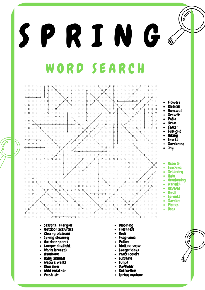 Third grade science students searching for eighteen seasonal words in a Spring Has Sprung word search puzzle