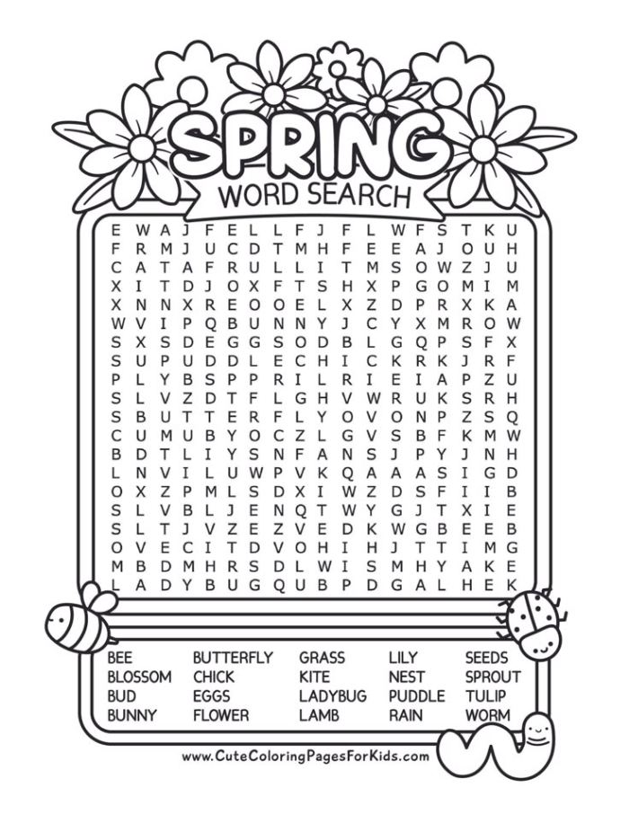 Spring Word Search worksheet for kindergarten students focusing on vocabulary skills