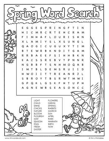 Spring-themed word search worksheet for kindergarten vocabulary practice