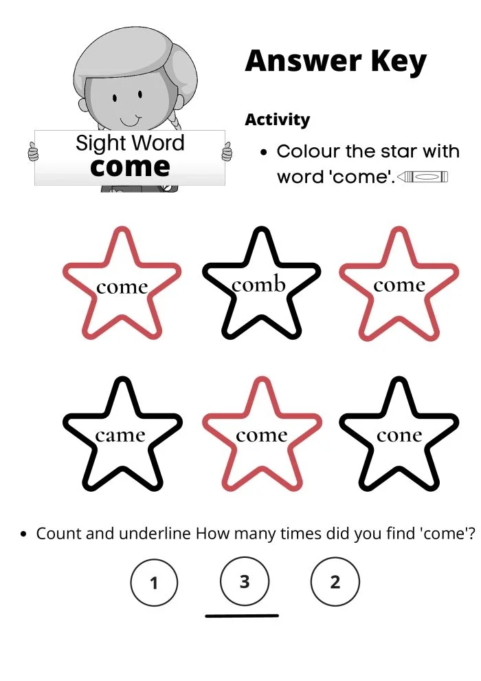Colorful worksheet featuring engaging activities for the sight word "Come" designed for Pre-K children