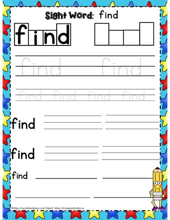 Children's worksheet for the sight word "find," featuring a creative arts and crafts activity. Fun coloring activity where kids transform the word "find" into a whimsical creature.