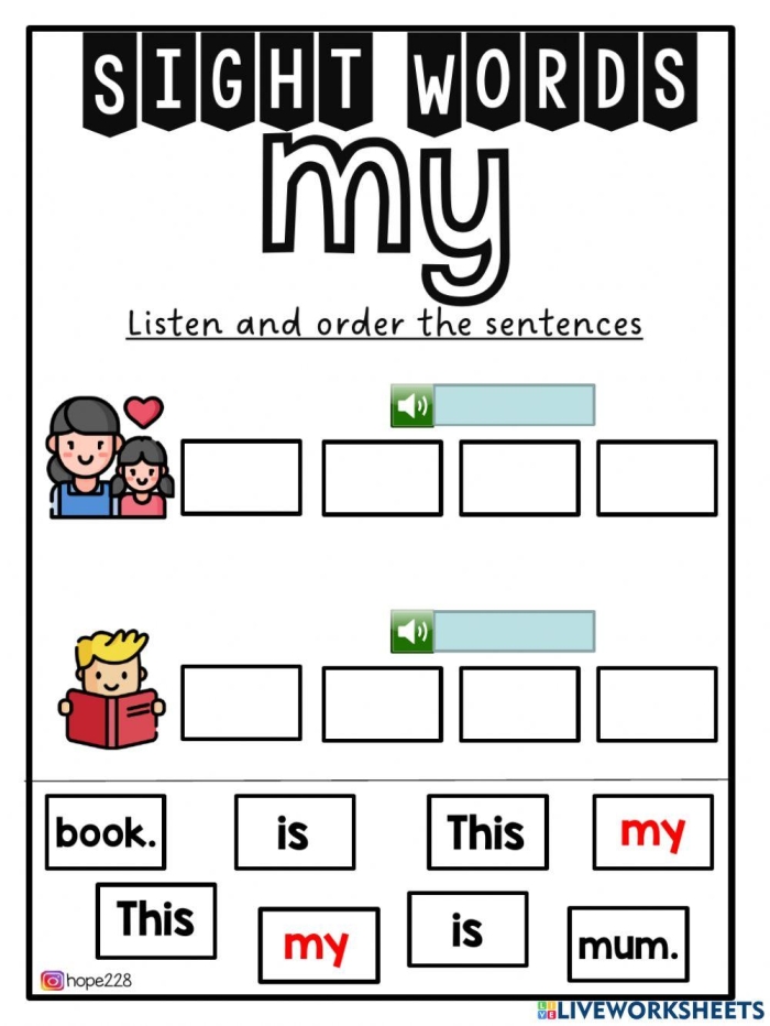 Worksheet featuring the sight word "my" designed for preschoolers to enhance reading skills