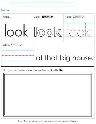A preschool student decorating the word look with animal features on a sight word activity page