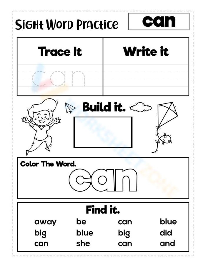 Colorful worksheet featuring the sight word "can" for Pre-K students to color and decorate. Engaging activity for young learners to enhance their reading skills.