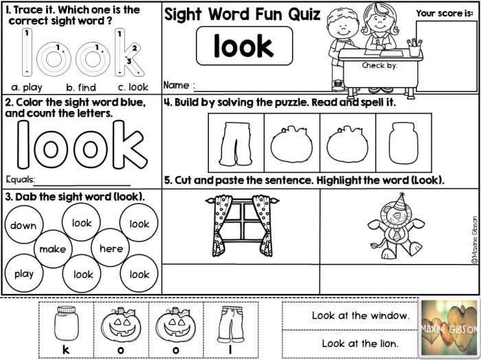 Preschool student coloring and decorating the sight word look with animal features on a worksheet