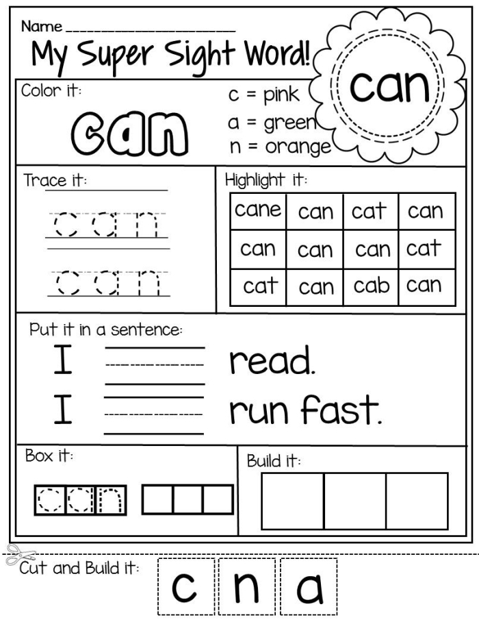 Worksheet for coloring and decorating the sight word "can" to enhance learning for Pre-K children.