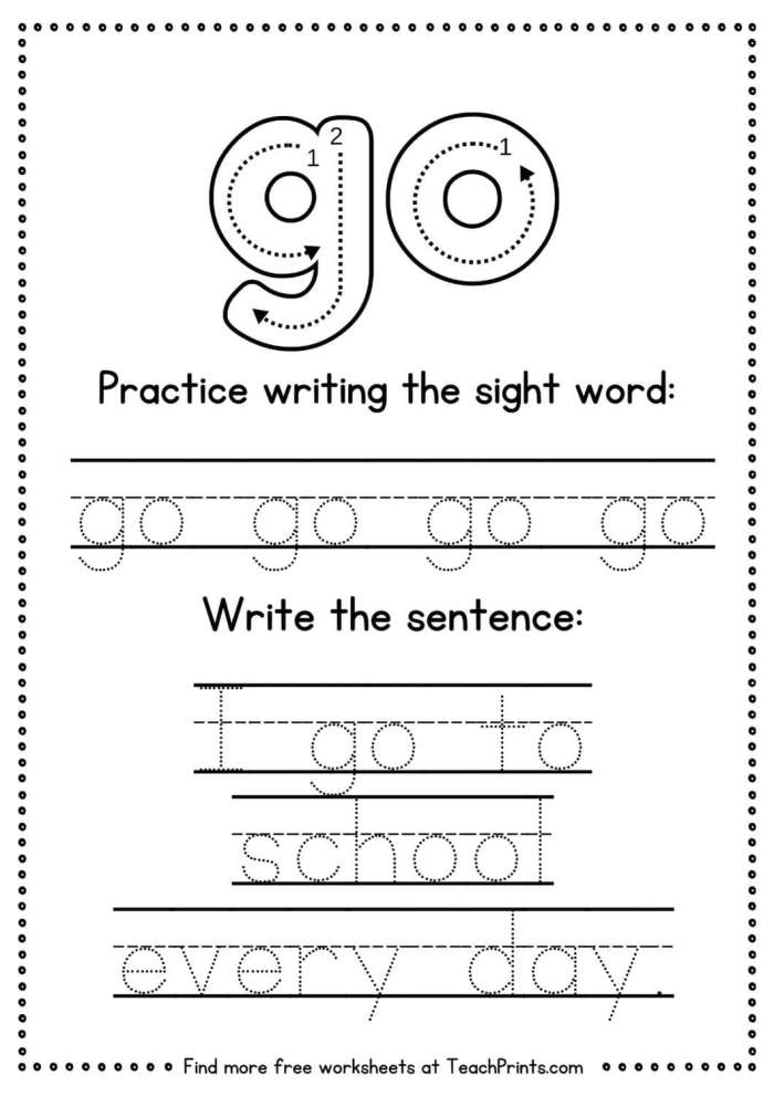 Pre-K student working on a Spruce Up the Sight Word: Go printable activity sheet