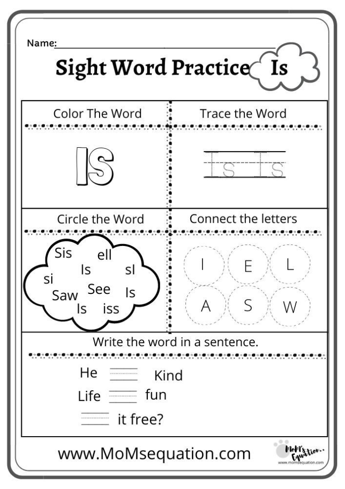 Printable Spruce Up the Sight Word I worksheet for Pre-K phonics practice
