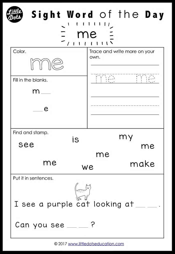Worksheet featuring the sight word "me" with a decoupage design for early literacy. Engaging Spruce Up the Sight Word: Me activity for Pre-K learners.