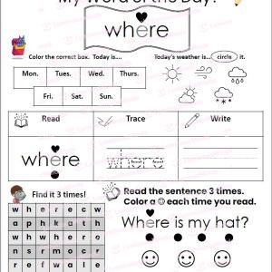 Pre-K student working on the Spruce Up the Sight Word My worksheet for early literacy