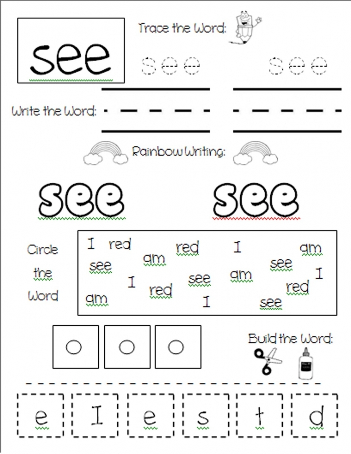A pre-k worksheet featuring the word see designed as a creative creature for sight word practice