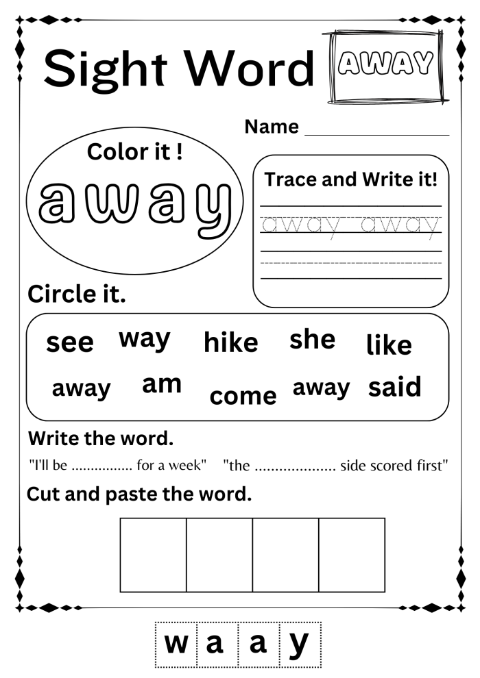 Preschooler worksheet featuring a fun creature design task for the sight word see
