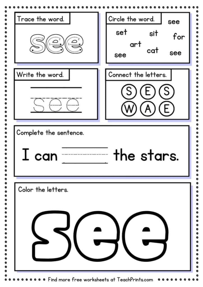 Pre-K student worksheet showing the word see transformed into a colorful creature for vocabulary practice
