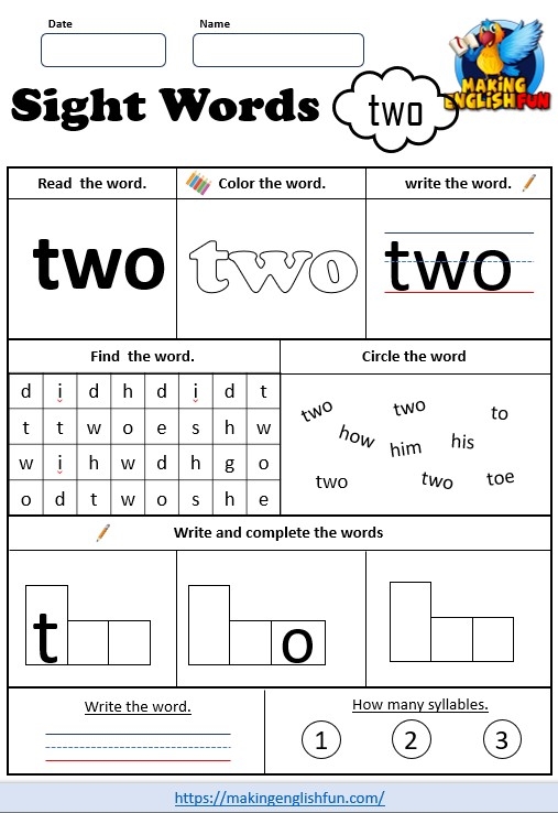 Sight Words worksheet for Pre-K Worksheet focusing on the sight word "two" for Pre-K students to enhance learning. Engaging activities designed to reinforce sight word recognition.