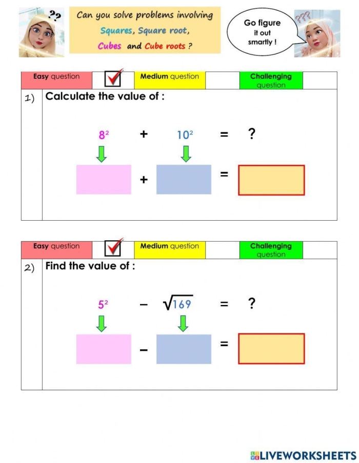 Worksheet featuring exercises on square roots and cube roots for eighth-grade students