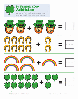 St. Paddy's Addition worksheet for kindergarten math practice 03 Kindergarten student completing a St. Paddy's Addition worksheet with colorful shamrock illustrations