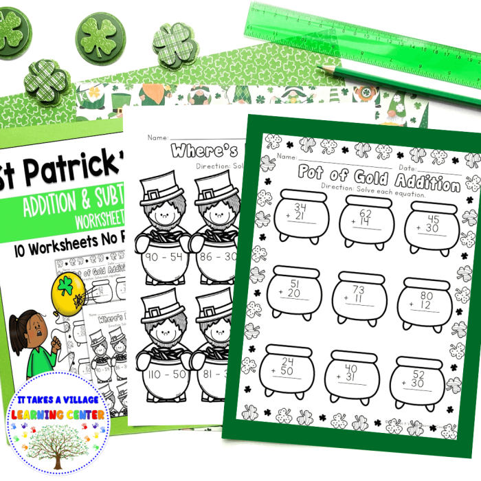 Fun and interactive addition activity for Kindergarten students celebrating St. Patrick's Day St. Paddy's Addition worksheet featuring engaging images for young learners