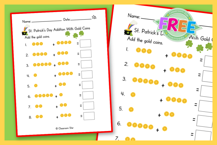Engaging St. Paddy's Day themed addition worksheet for kindergarten students St. Paddy's Addition worksheet featuring a colorful picture addition activity for young learners