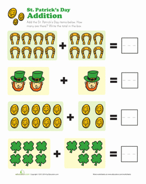 St. Paddys Addition Worksheet for Kindergarten Geography Lesson 4 Kindergarten student completing a St. Paddys Addition worksheet with colorful shamrock imagery