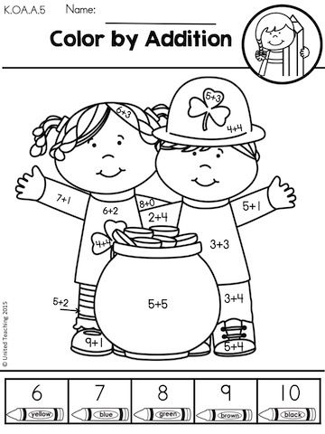 St. Paddy's Addition worksheet for kindergarten math lesson six Kindergarten student using a St. Paddy's Addition worksheet to practice counting and simple math skills