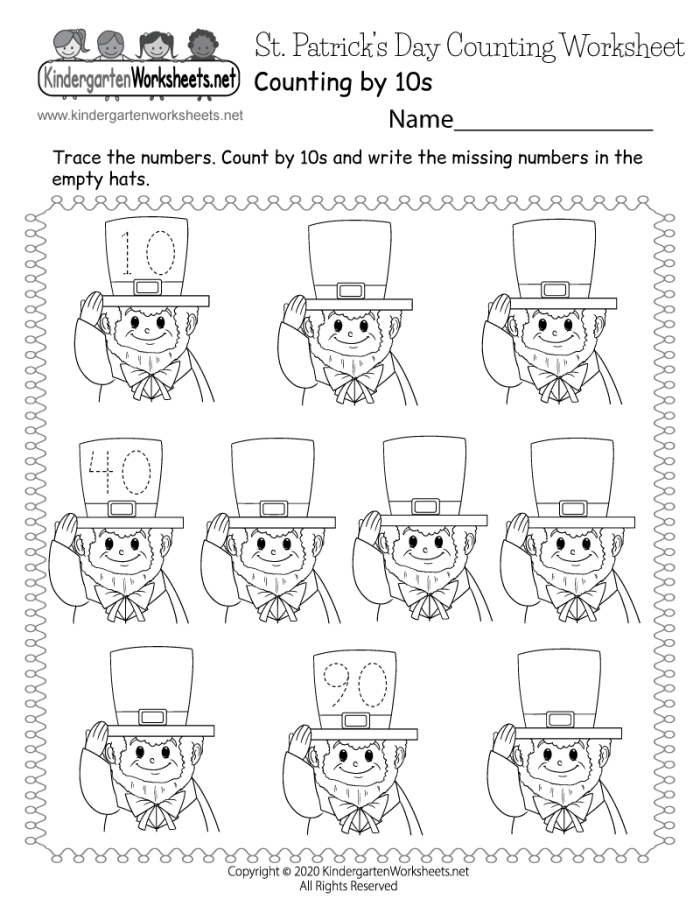 Engaging St. Paddy's Counting worksheet for kindergarten students Counting worksheet featuring leprechauns for St. Paddy's Day fun