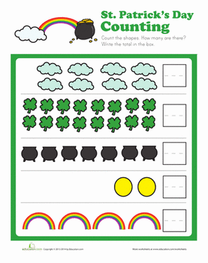 St. Paddys Counting worksheet featuring leprechauns for kindergarten math practice 14 Kindergarten math worksheet for counting leprechauns for St. Paddys Day number 14