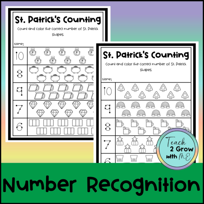 St. Paddy's Counting Worksheet Number 2 for Kindergarten Math Skills Kindergarten worksheet featuring a St. Patrick's Day theme where students count the number of leprechauns