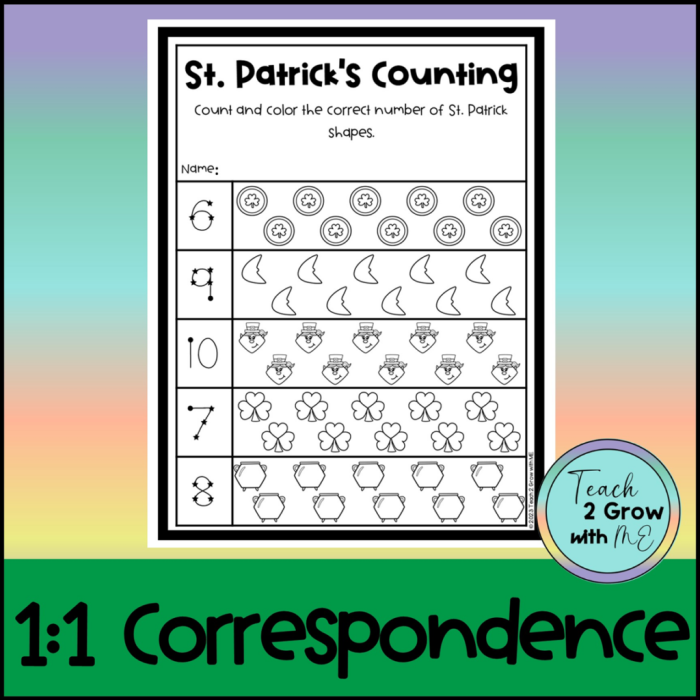 St. Paddys Counting Worksheet 7 Integers and Rational Numbers Practice Kindergarten student counting colorful leprechauns on a St. Paddys Day math worksheet