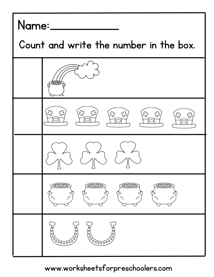 St. Paddy's Counting Worksheet for Fun with Integers and Rational Numbers Counting leprechauns on a St. Paddy's Day worksheet for kindergarten students