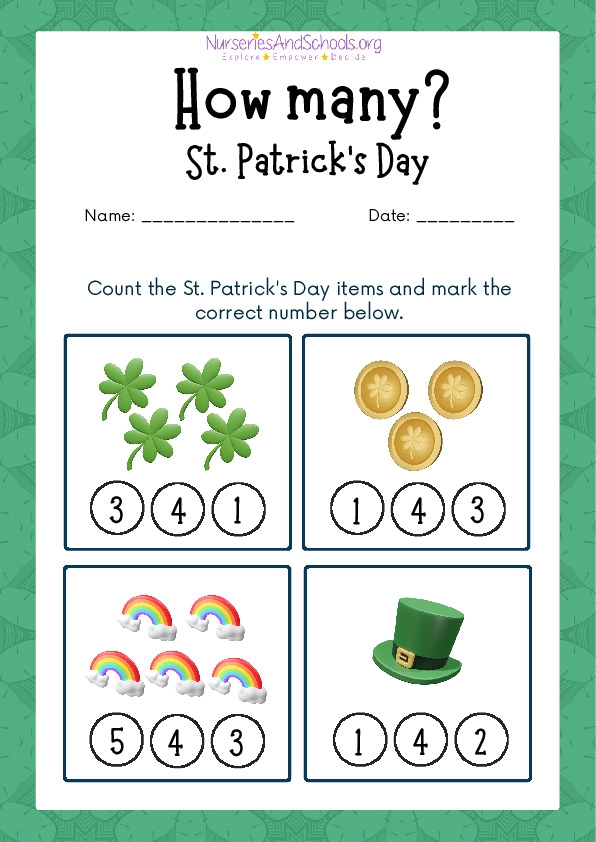 St. Paddy's Counting Worksheet for Kindergarten with Leprechauns Counting worksheet featuring leprechauns for St. Paddy's Day fun