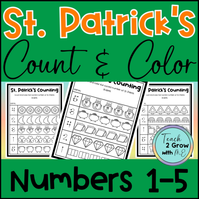 Fun St. Paddy's Counting worksheet featuring colorful leprechauns for early learners Counting leprechauns in a festive St. Paddy's Day worksheet for kindergarten students