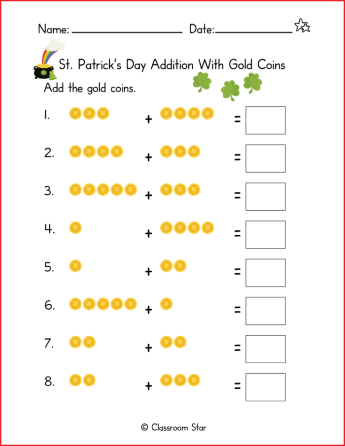 Fun and colorful worksheet to enhance addition skills for young learners St. Paddy's Day Addition worksheet featuring engaging picture problems for kindergarteners