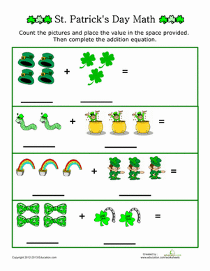 Engaging addition worksheet to help young learners practice their math skills St. Paddy's Day addition worksheet featuring fun picture problems for kindergarteners