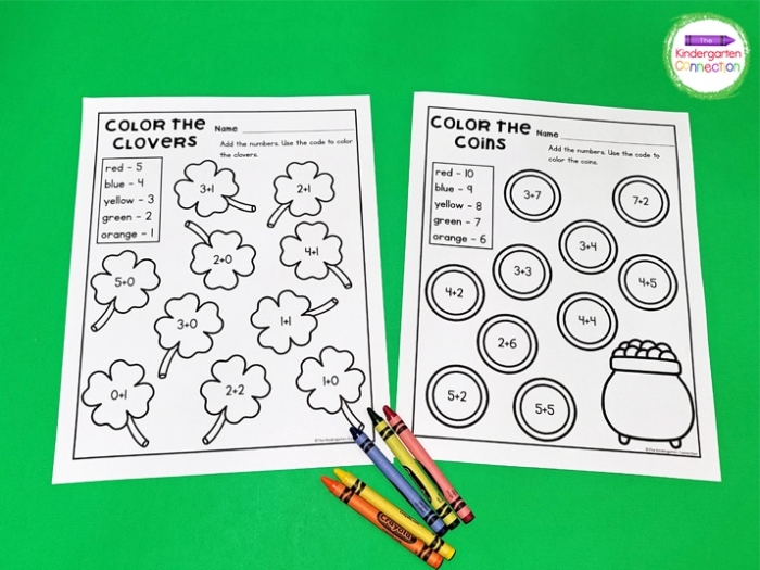 Fun St. Paddy's Day Addition activity for young learners transitioning from counting to addition St. Paddy's Day Addition worksheet designed for kindergarteners to practice picture-based addition problems