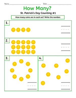 St. Paddy's Counting Worksheet featuring playful leprechauns for early math learning Counting leprechauns on a St. Paddy's Day themed worksheet for Kindergarten students
