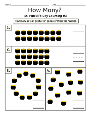 St. Paddy's Counting Worksheet for Kindergarten with Leprechauns Counting leprechauns in a festive St. Paddy's Day worksheet for kindergarten students
